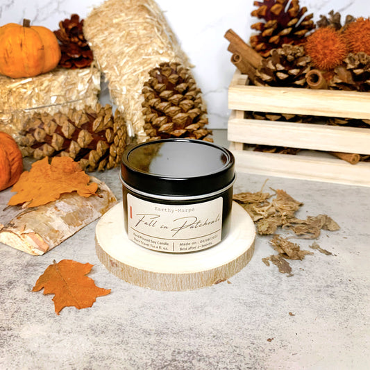Fall in Patchouli Soy Candle | Crackling Wooden Wick | Black Tin