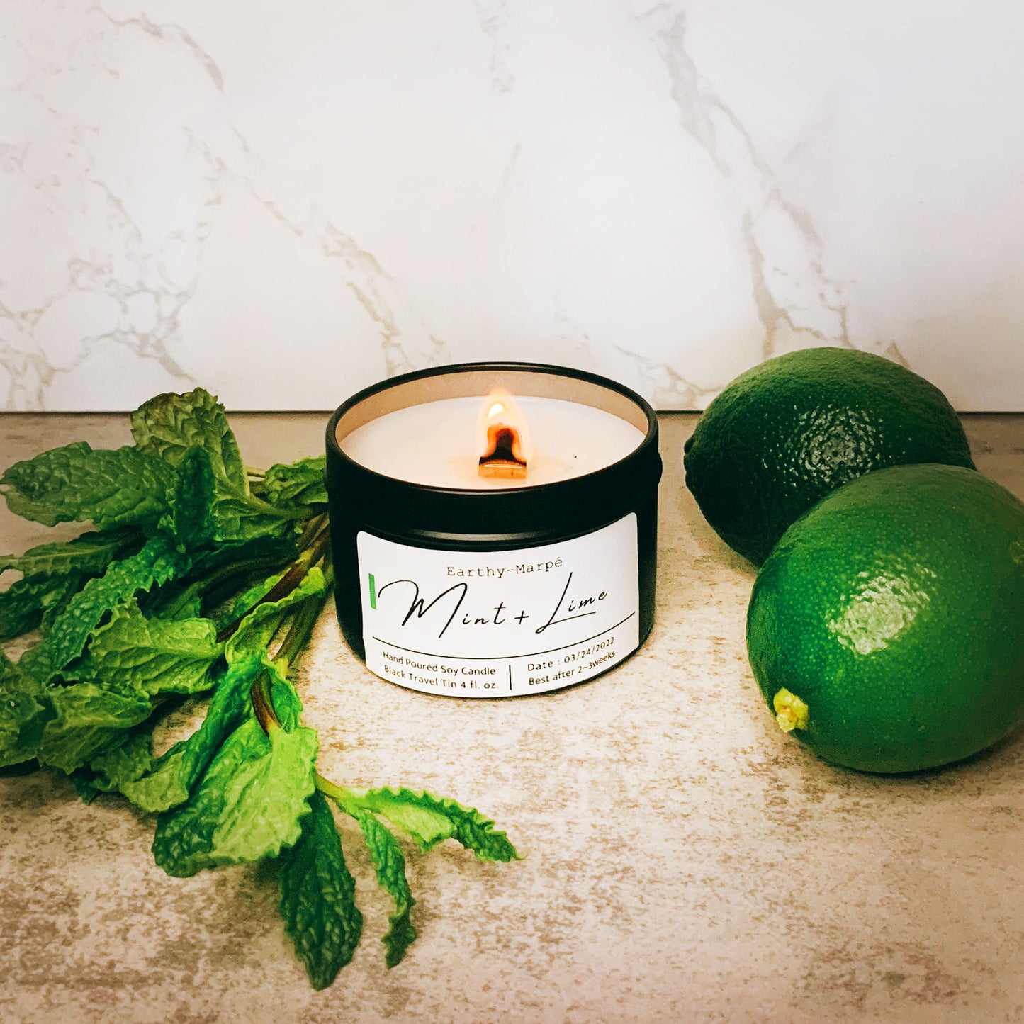 Mint Lime Scented Soy Candle | Crackling Wooden Wick Candle | Black Tin
