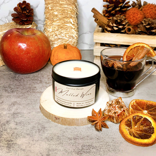 Mulled Wine Scented Soy Candle | Crackling Wooden Wick | Black Tin