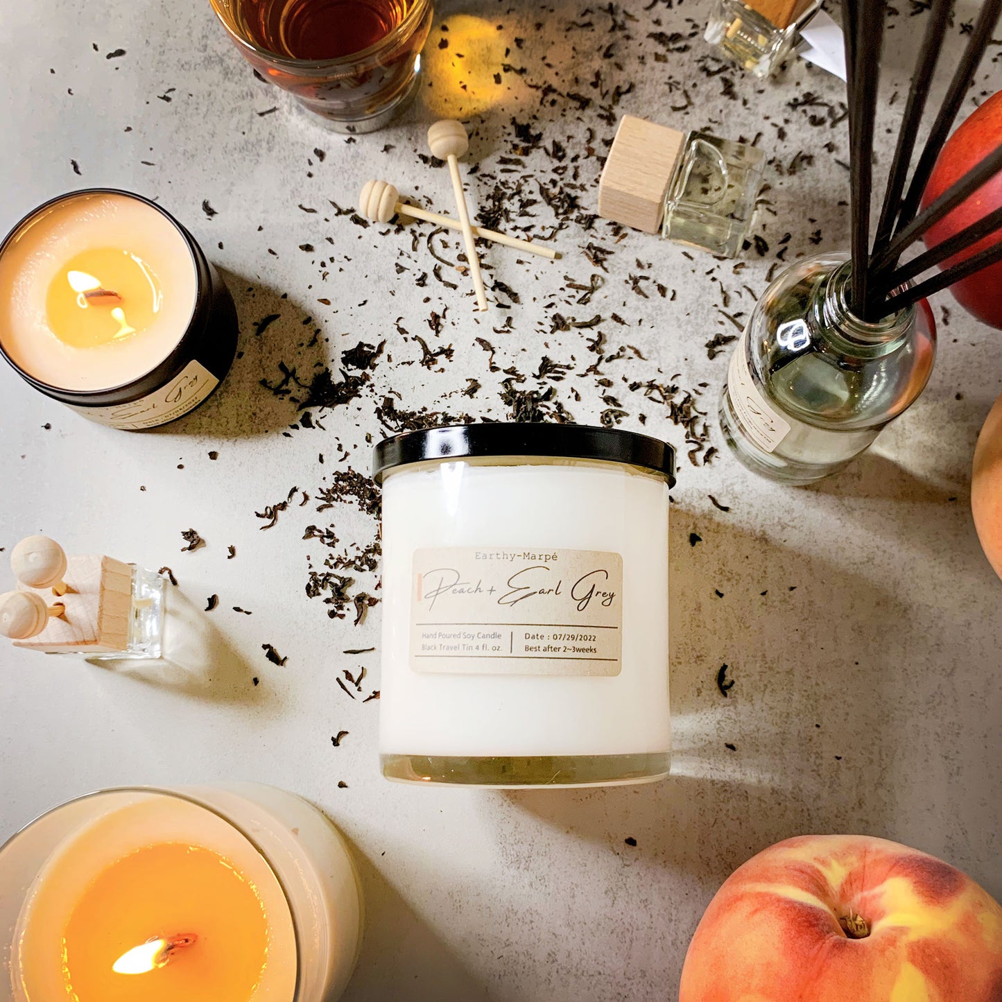 Peach Earl Grey Crackling Wooden Wick Candle | Glass Jar