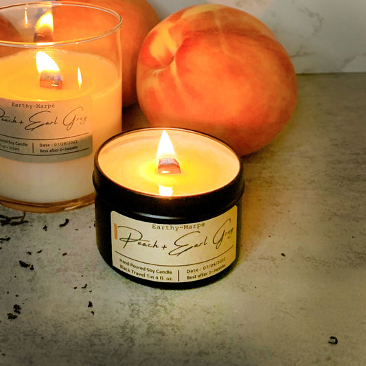 Peach Earl Grey Soy Candle | Crackling Wooden Wick | Black Tin