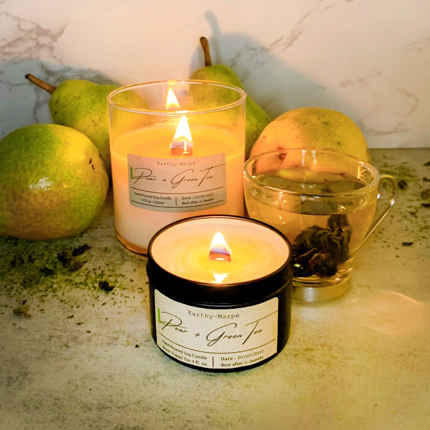 Pear Green Tea Soy Candle | Crackling Wooden Wick | Black Tin
