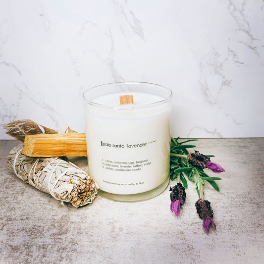 Palo Santo Lavender Soy Candle | Crackling Wooden Wick Candle | Glass Jar