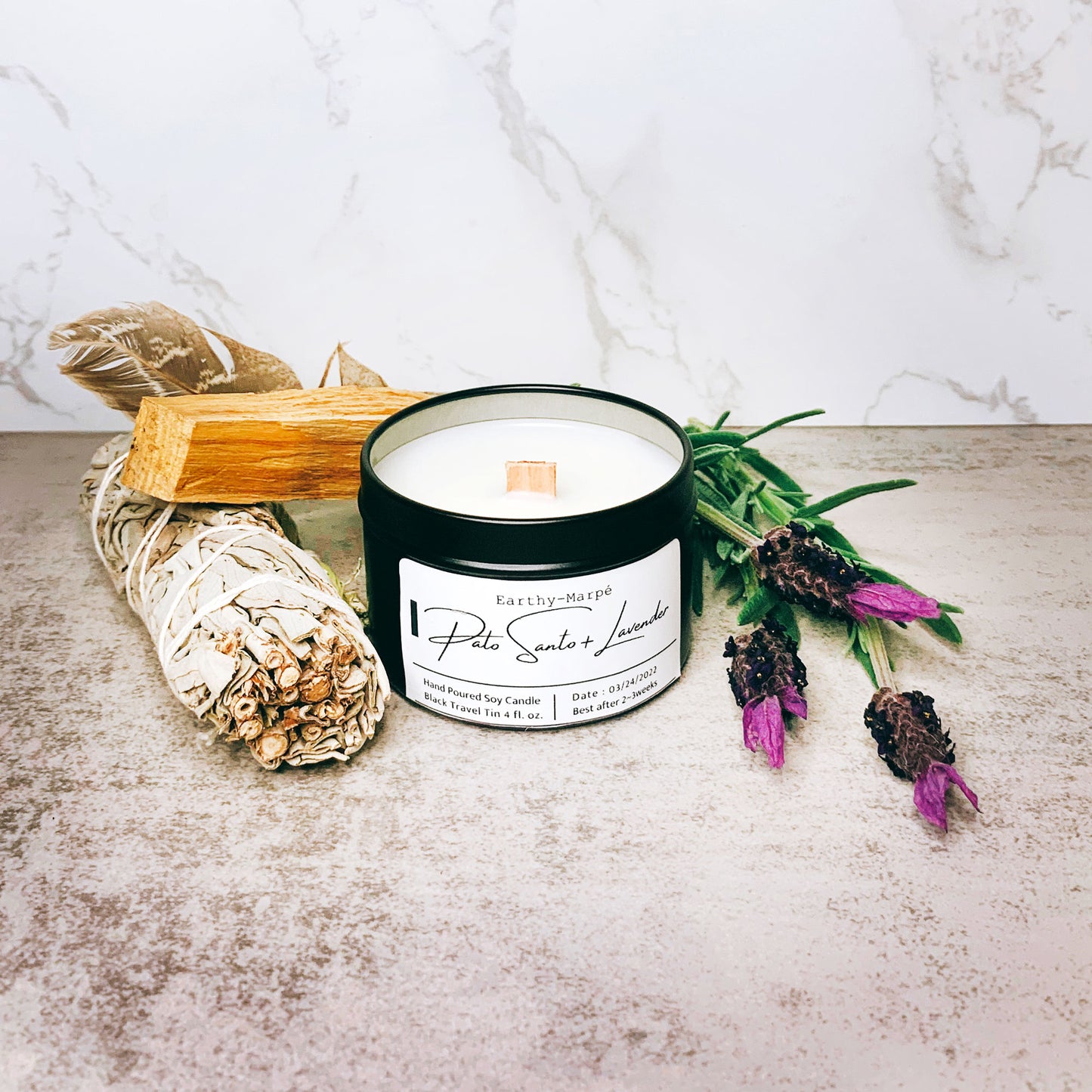 Palo Santo Lavender Soy Candle | Crackling Wooden Wick Candle | Black Tin