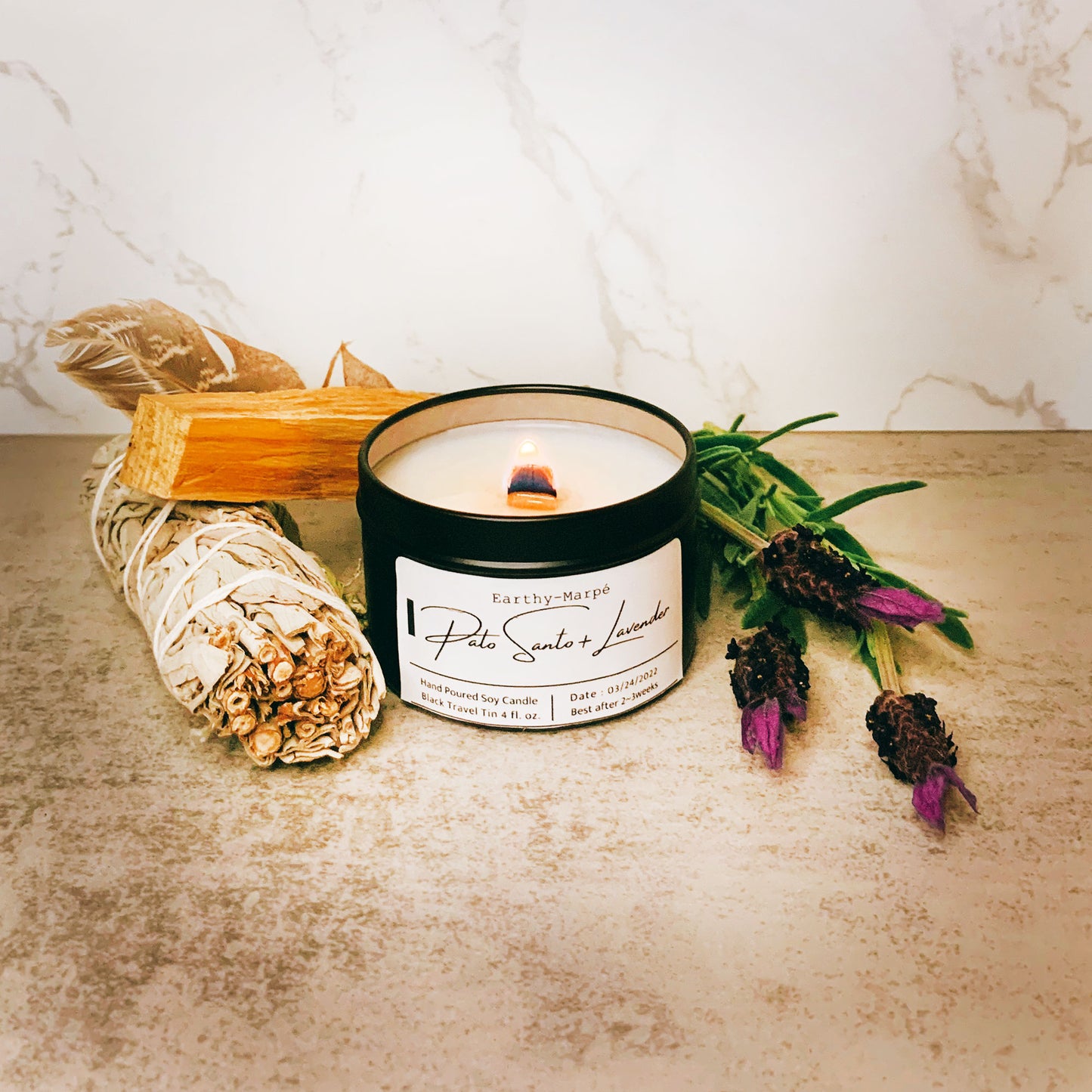 Palo Santo Lavender Soy Candle | Crackling Wooden Wick Candle | Black Tin
