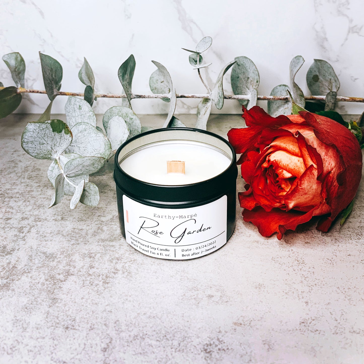 Rose Garden Hand Poured Soy Candle | Crackling Wooden Wick Candle | Black Tin