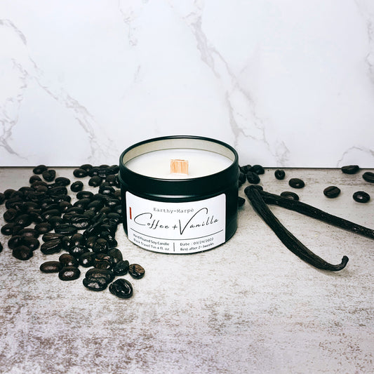 Fresh Brewed Vanilla Coffee Soy Candle | Crackling Wooden Wick Candle | Black Tin
