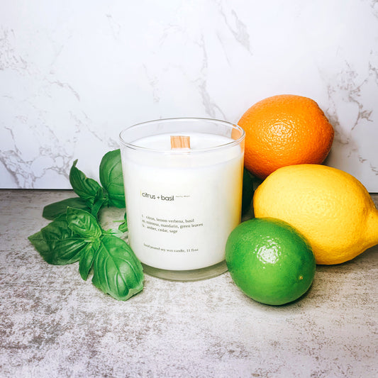 Citrus Basil Scented Soy Candle | Crackling Wooden Wick | Glass Jar