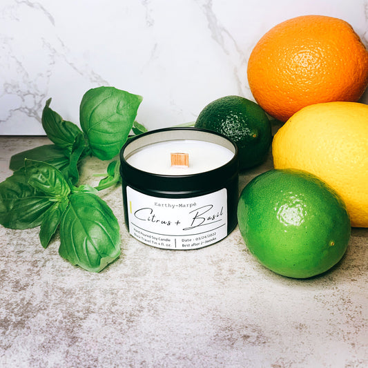Citrus Basil Scented Soy Candle | Crackling Wooden Wick | Black Tin