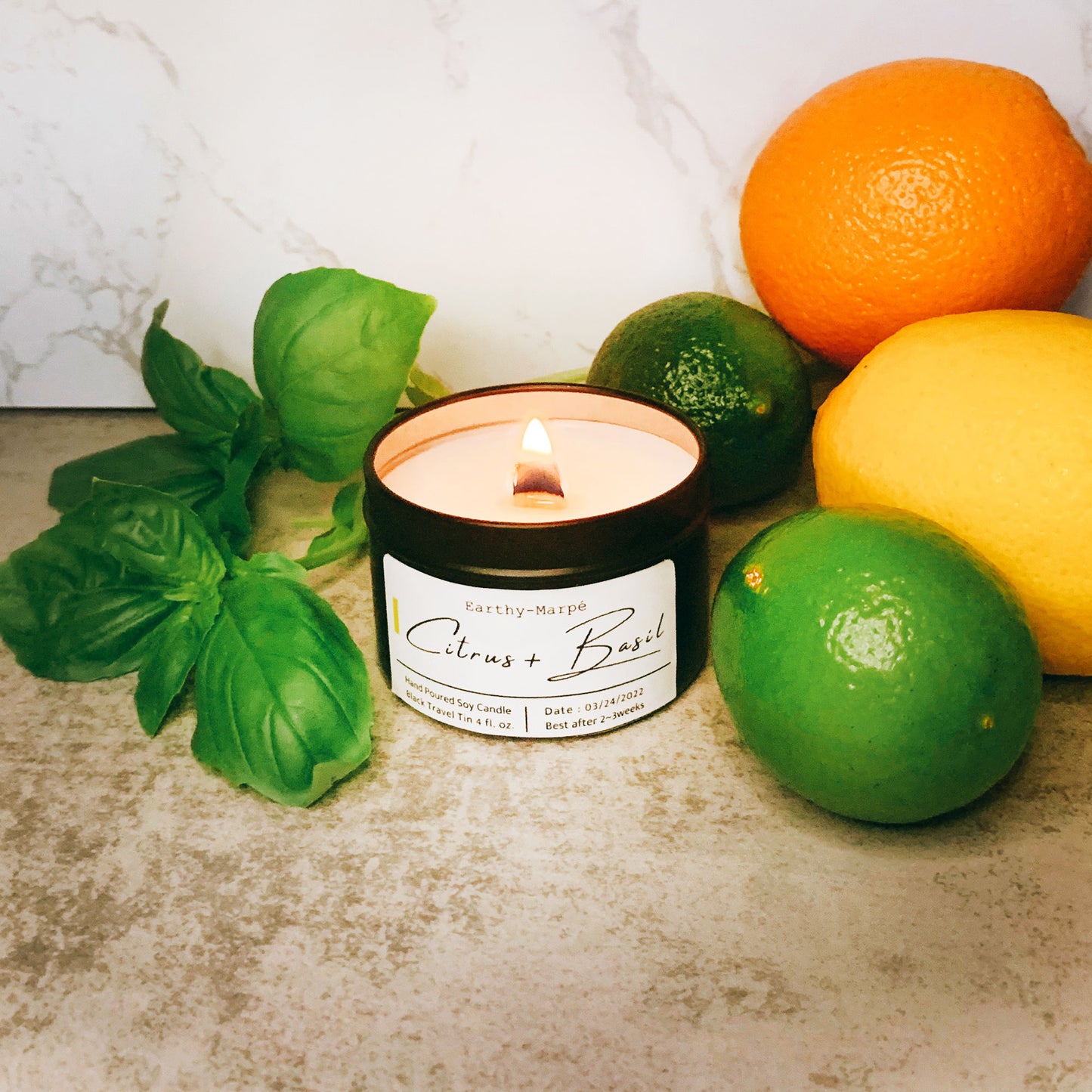 Citrus Basil Scented Soy Candle | Crackling Wooden Wick | Black Tin