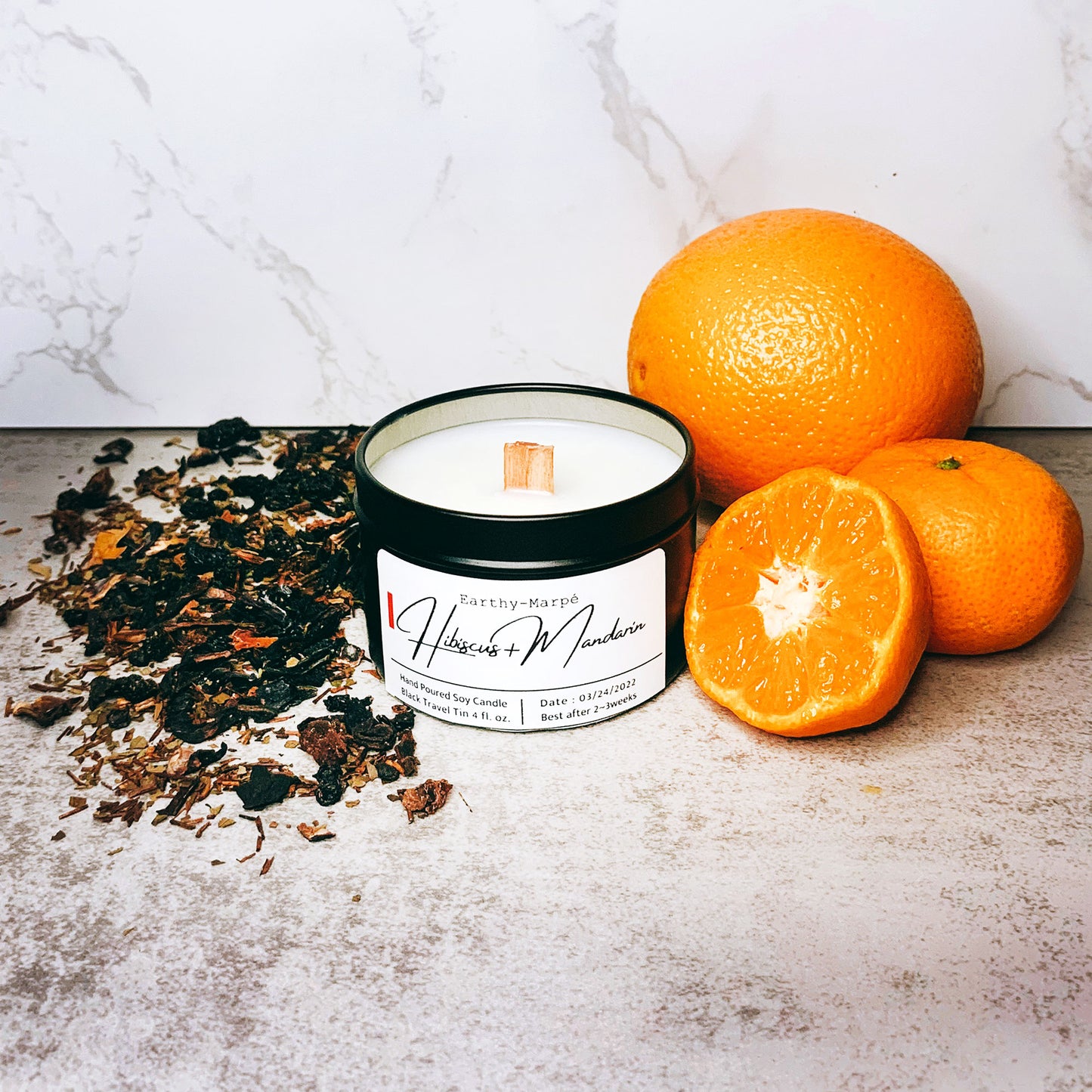 Hibiscus Mandarin Soy Candle | Crackling Wooden Wick Candle | Black Tin