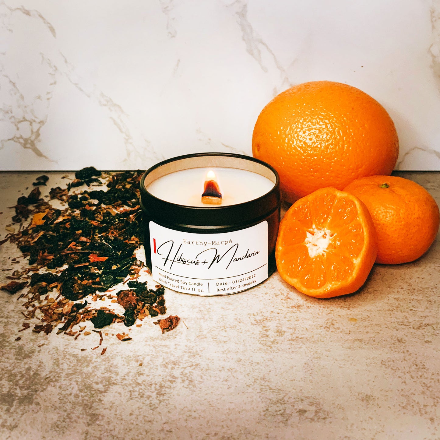 Hibiscus Mandarin Soy Candle | Crackling Wooden Wick Candle | Black Tin