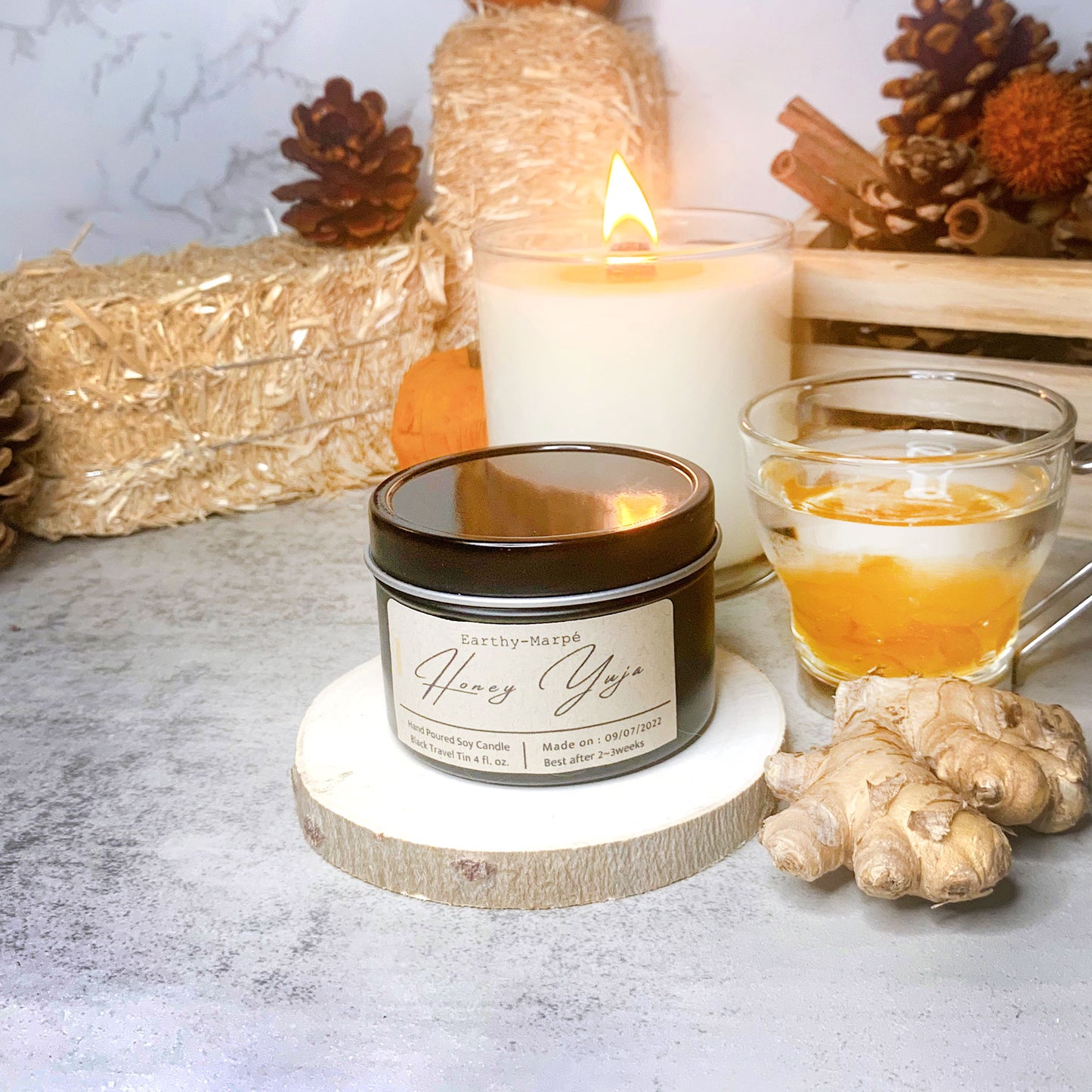 Honey Yuja Soy Candle | Crackling Wooden Wick | Black Tin