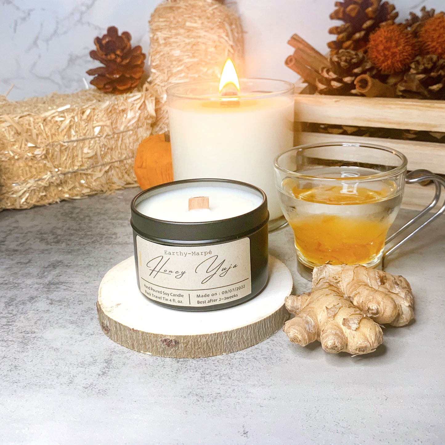 Honey Yuja Soy Candle | Crackling Wooden Wick | Black Tin