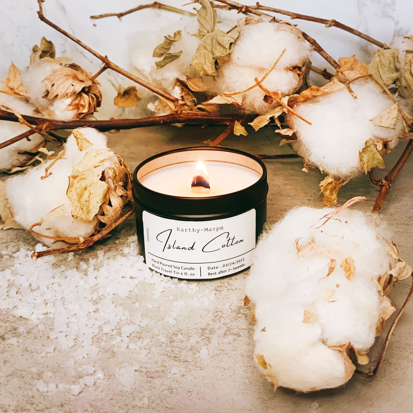 Island Cotton Scented Soy Candle | Crackling Wooden Wick Candle | Black Tin