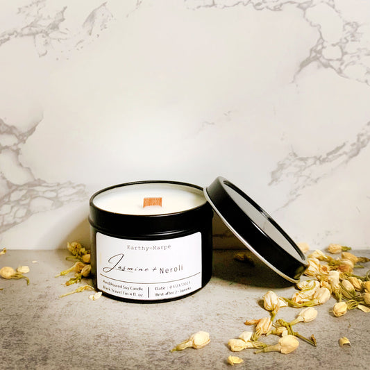 Jasmine + Neroli Soy Candle | Crackling Wooden Wick | Black Tin