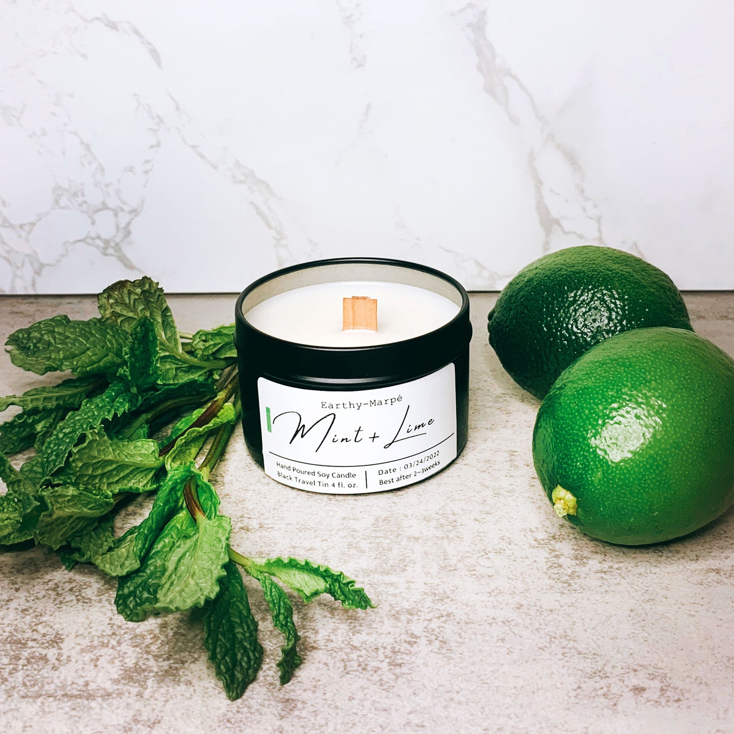 Mint Lime Scented Soy Candle | Crackling Wooden Wick Candle | Black Tin