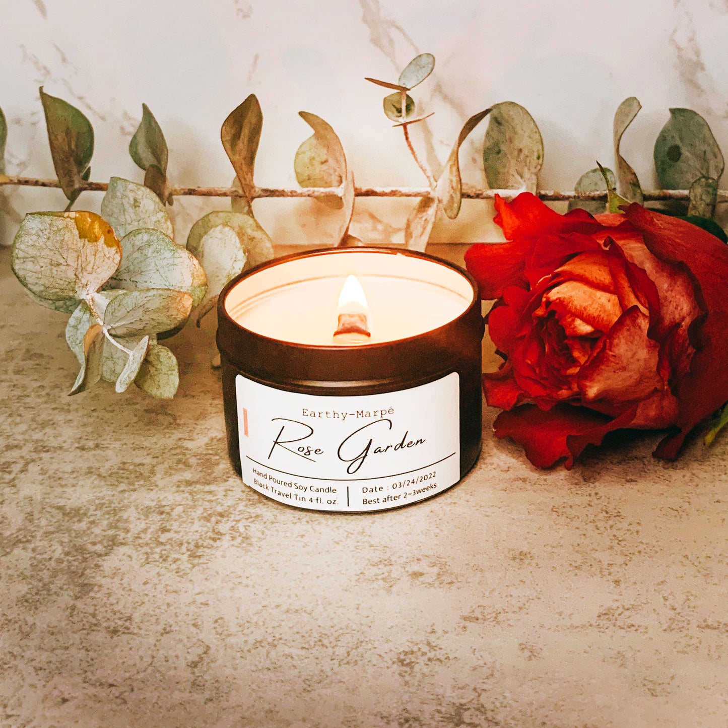 Rose Garden Hand Poured Soy Candle | Crackling Wooden Wick Candle | Black Tin