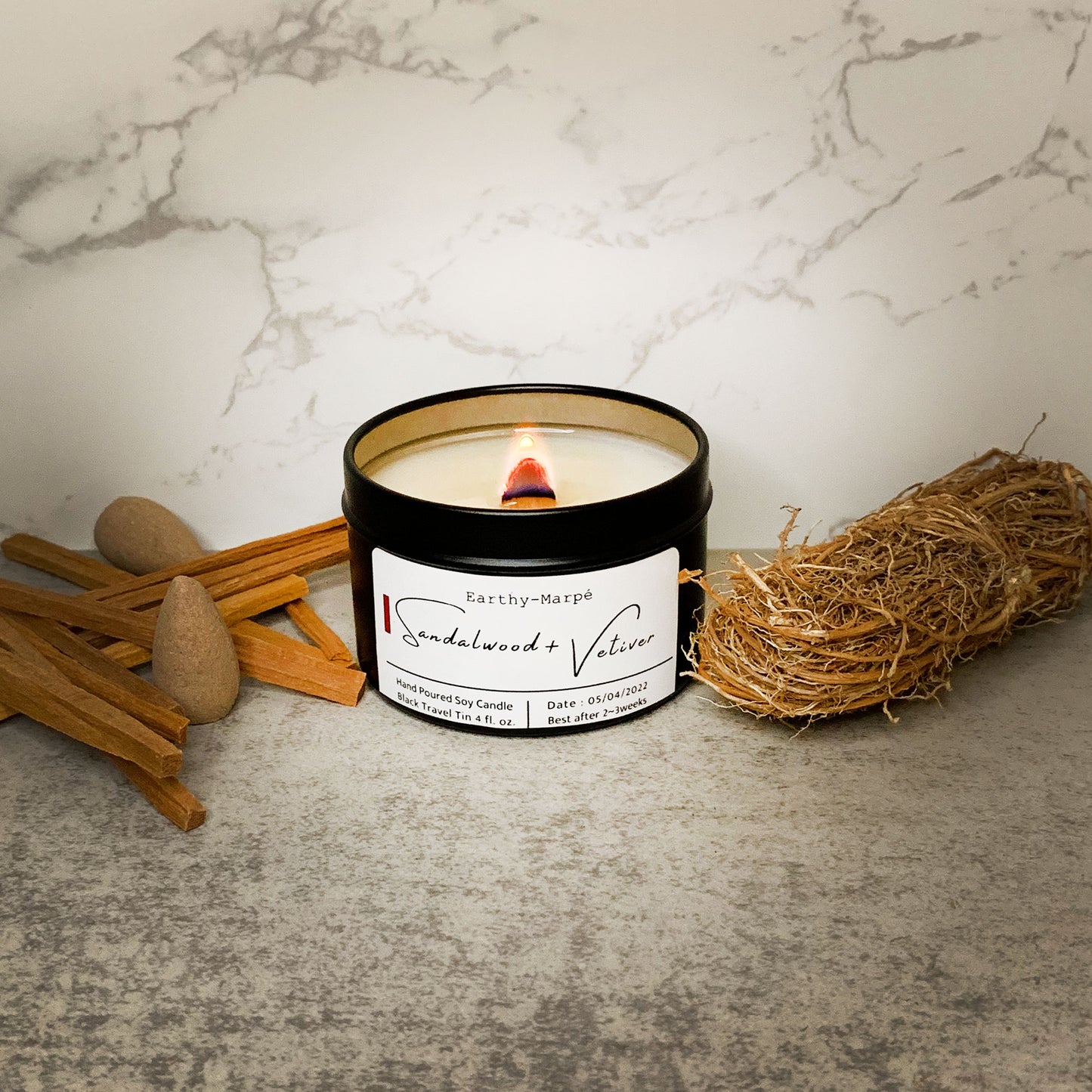 Sandalwood & Vetiver Soy Candle| Crackling Wooden Wick | Black Tin