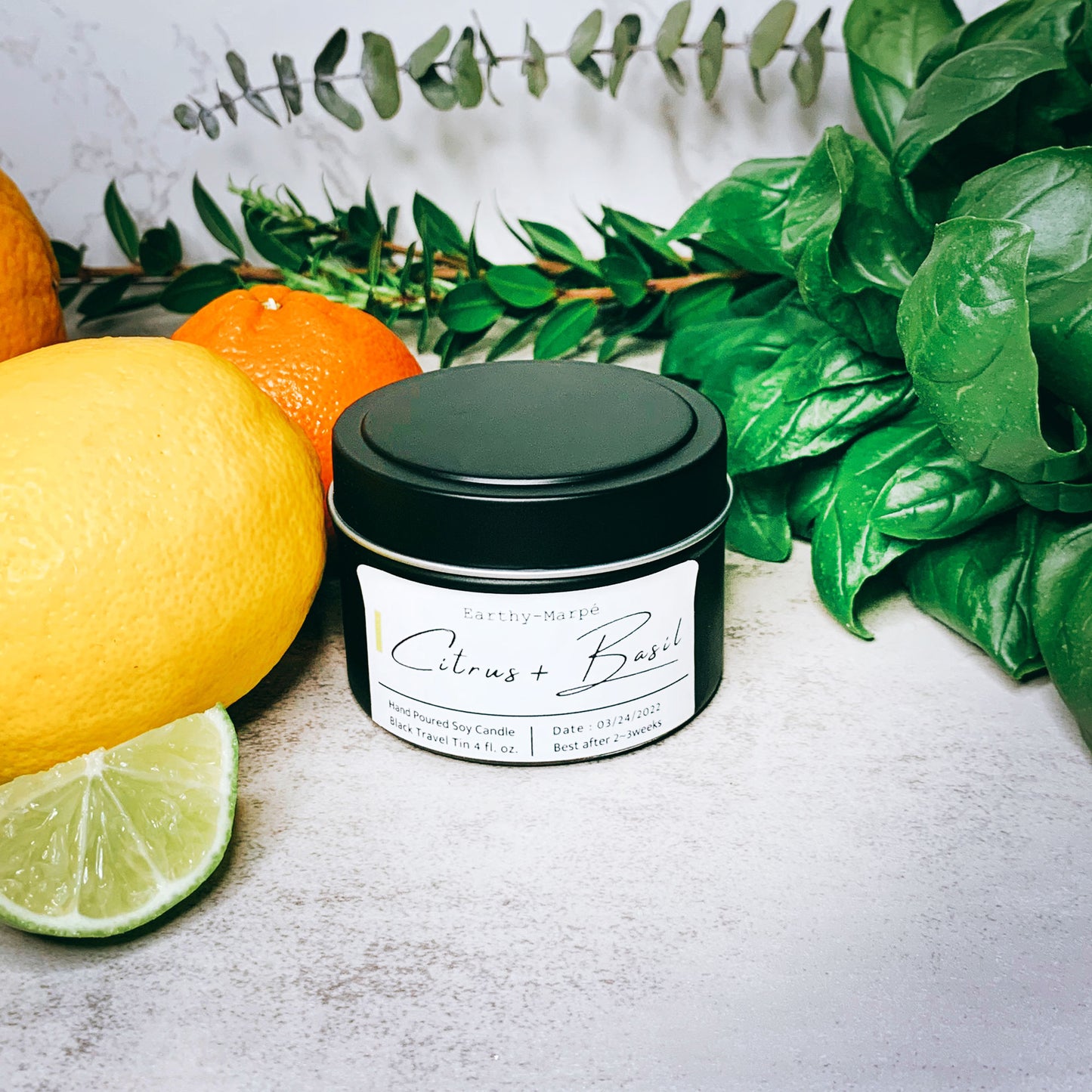 Citrus Basil Scented Soy Candle | Crackling Wooden Wick | Black Tin