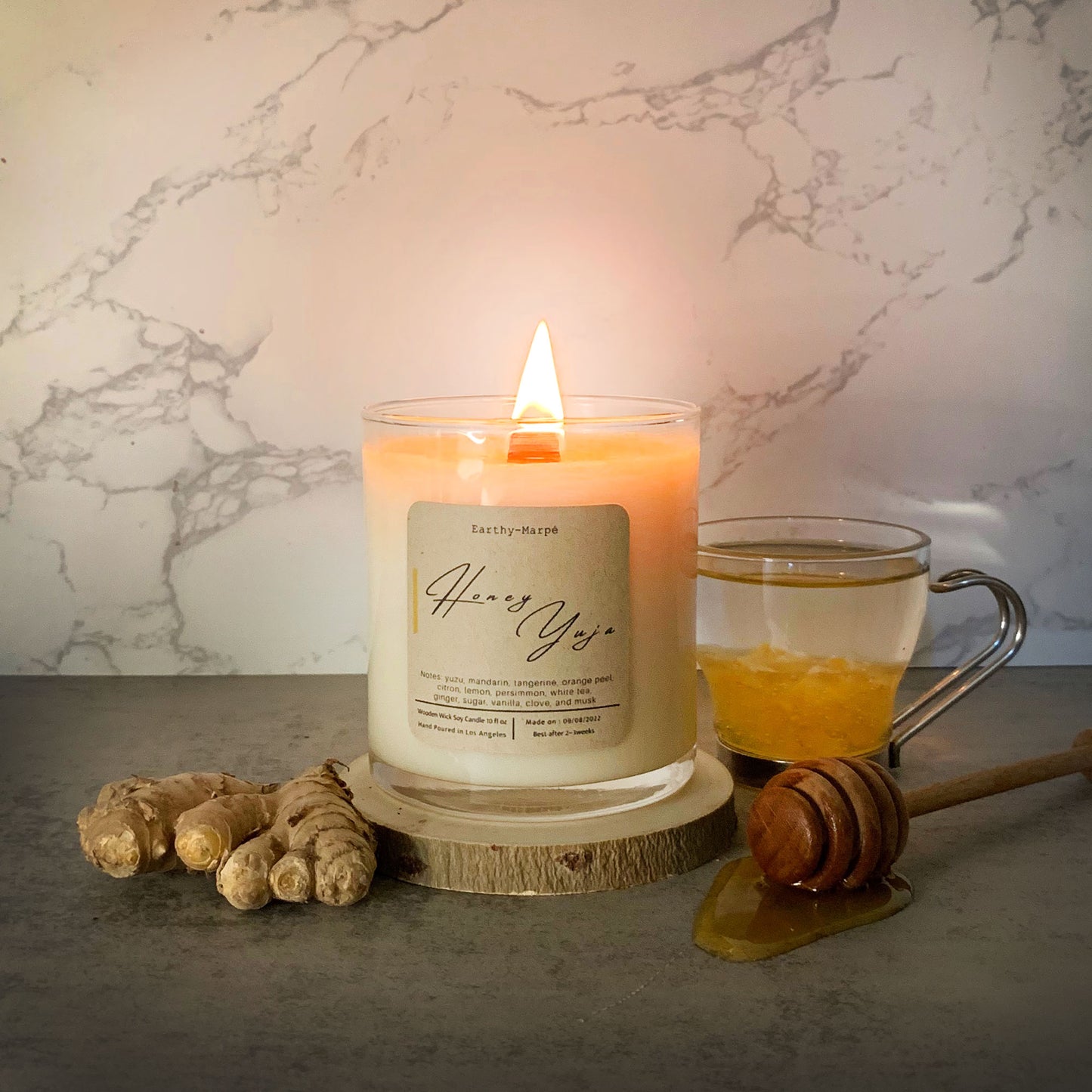 Honey Yuja Crackling Wooden Wick Soy Candle | Glass Jar