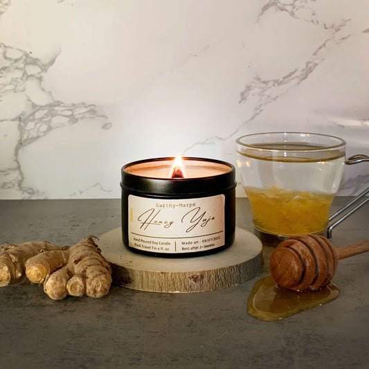 Honey Yuja Soy Candle | Crackling Wooden Wick | Black Tin