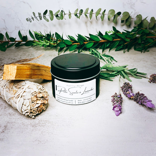 Palo Santo Lavender Soy Candle | Crackling Wooden Wick Candle | Black Tin