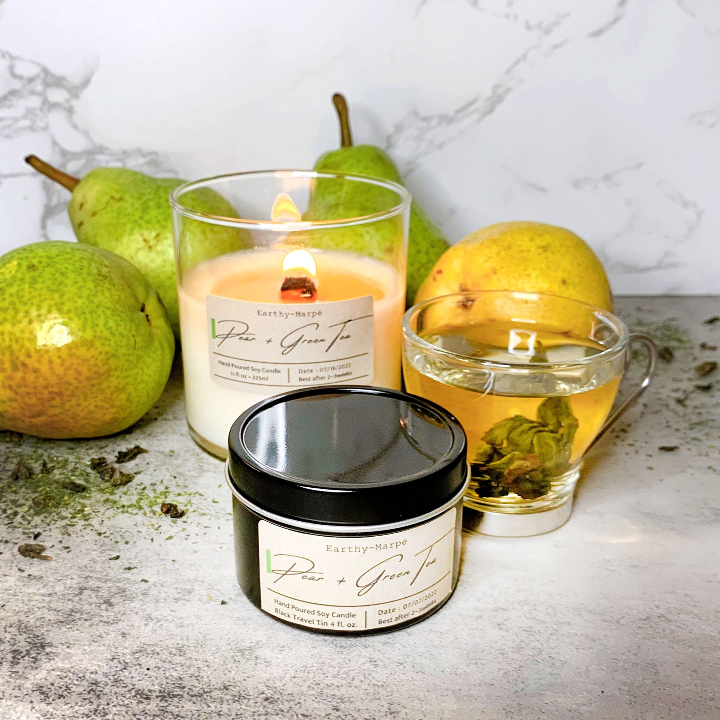 Pear Green Tea Soy Candle | Crackling Wooden Wick | Black Tin