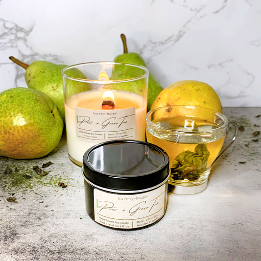 Pear Green Tea Soy Candle | Crackling Wooden Wick | Black Tin