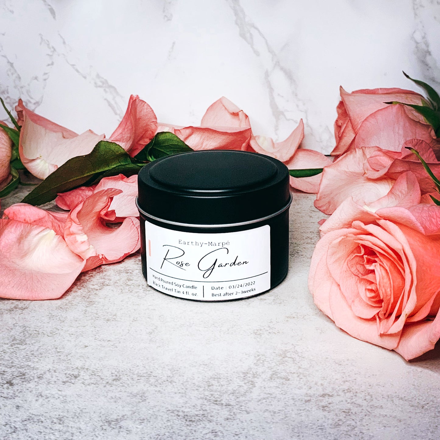 Rose Garden Hand Poured Soy Candle | Crackling Wooden Wick Candle | Black Tin