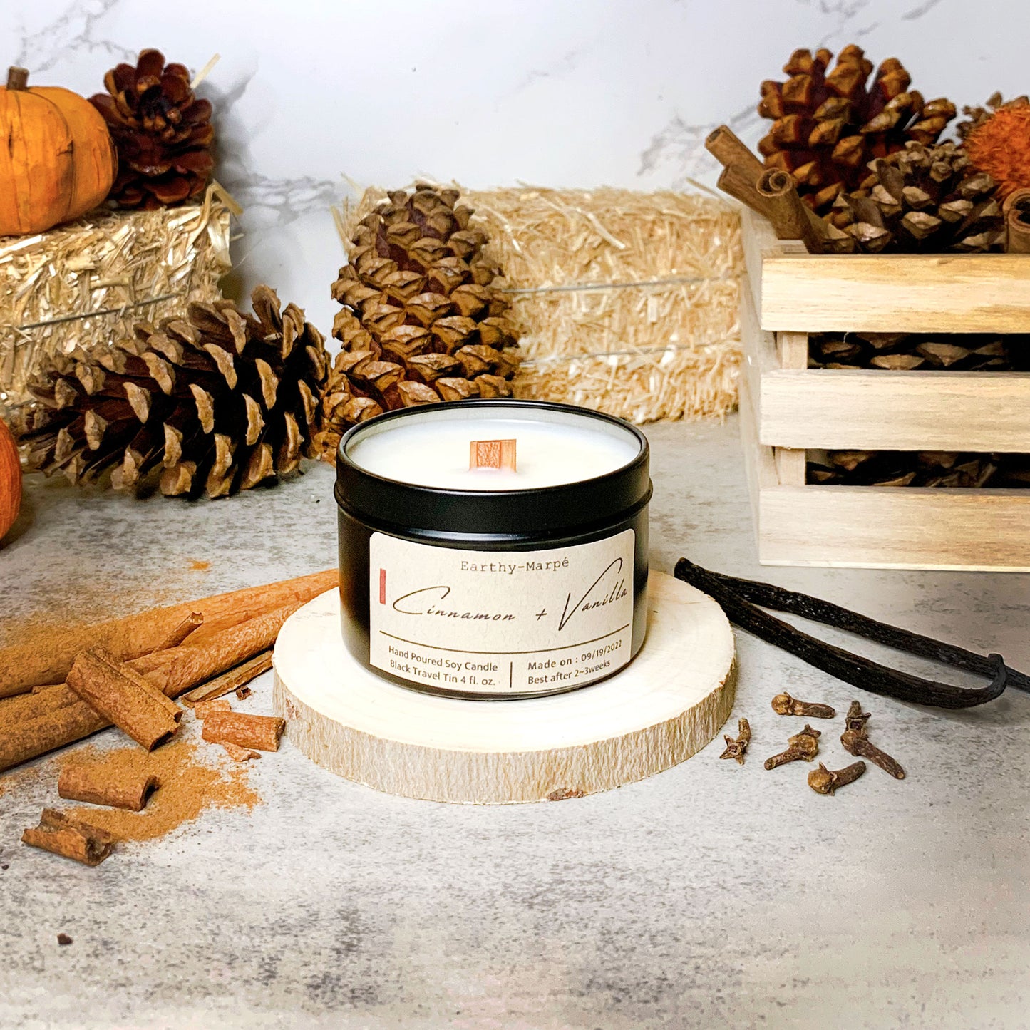 Cinnamon + Vanilla Soy Candle | Crackling Wooden Wick | Black Tin