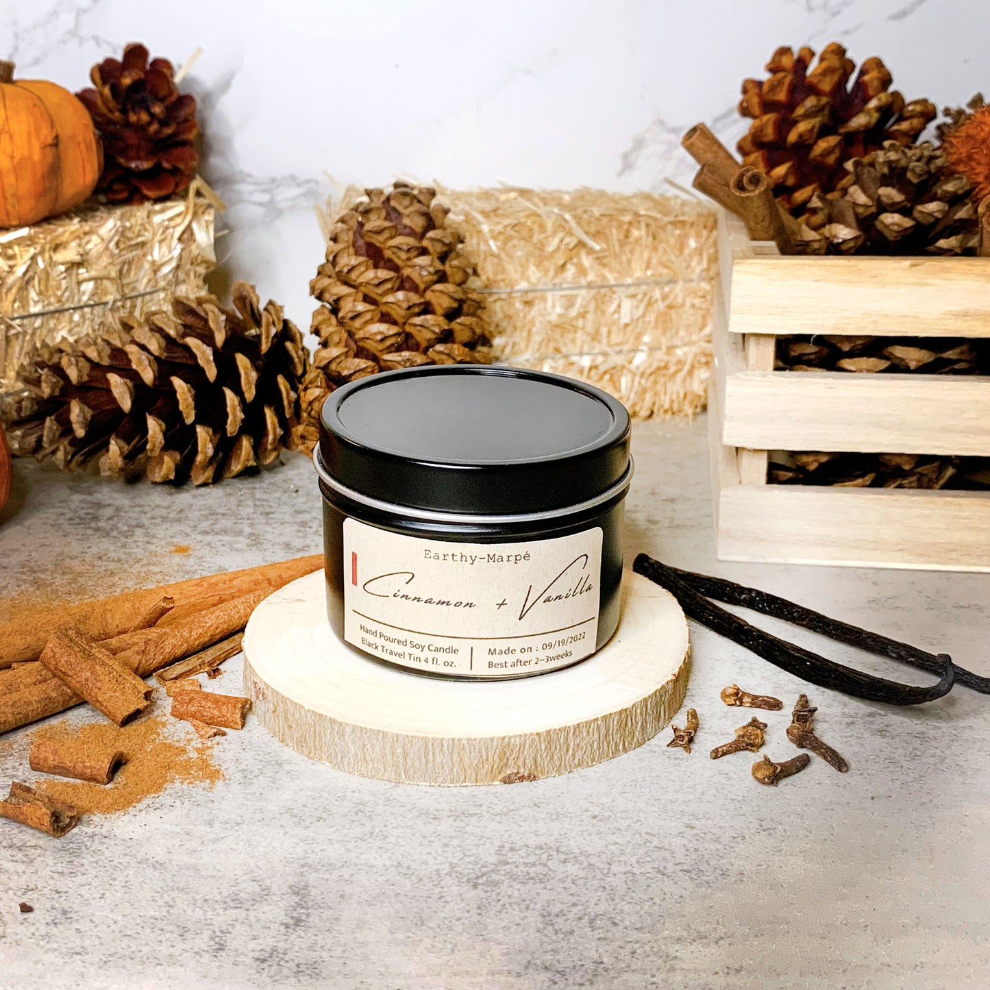 Cinnamon + Vanilla Soy Candle | Crackling Wooden Wick | Black Tin