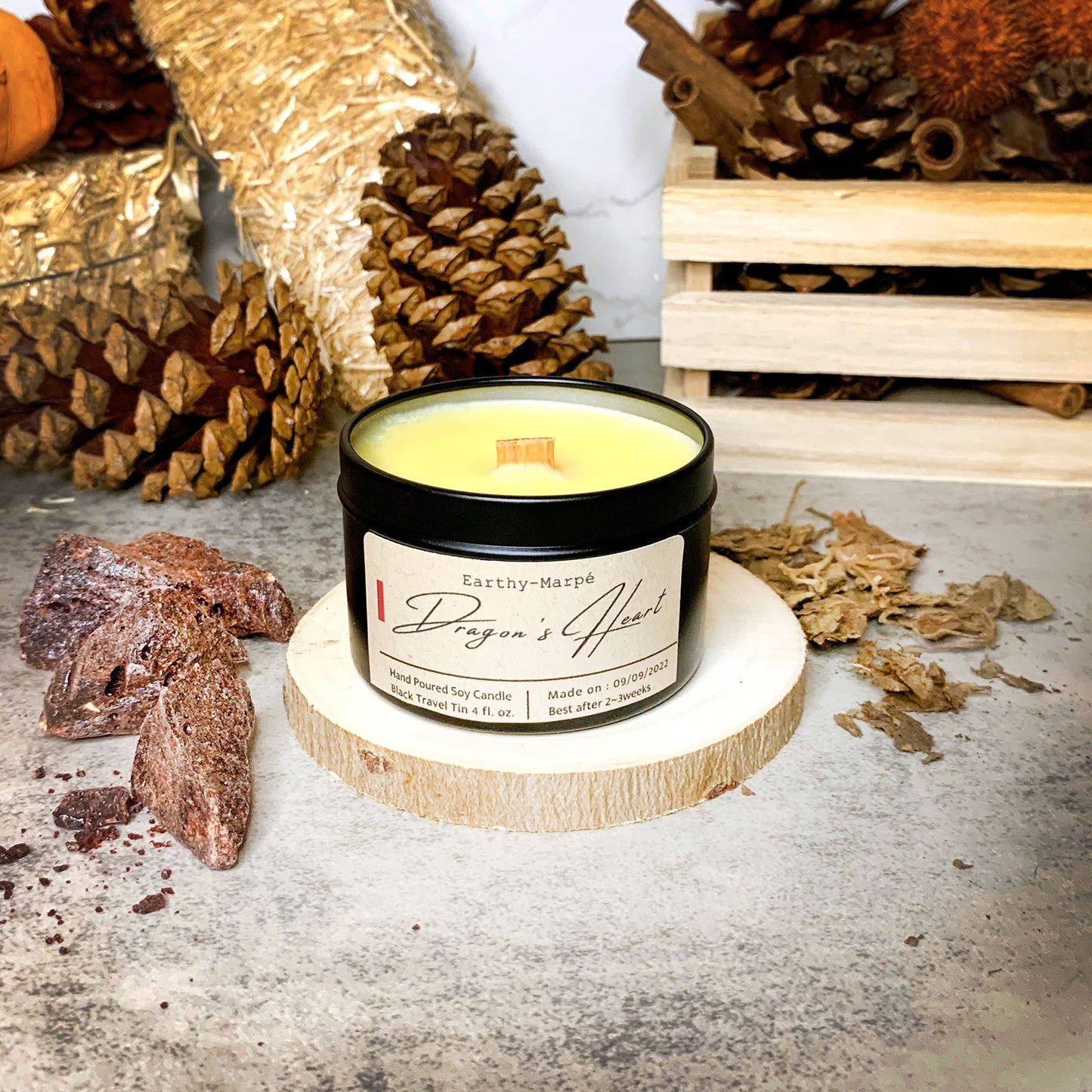 Dragon's Heart Soy Candle | Crackling Wooden Wick | Black Tin