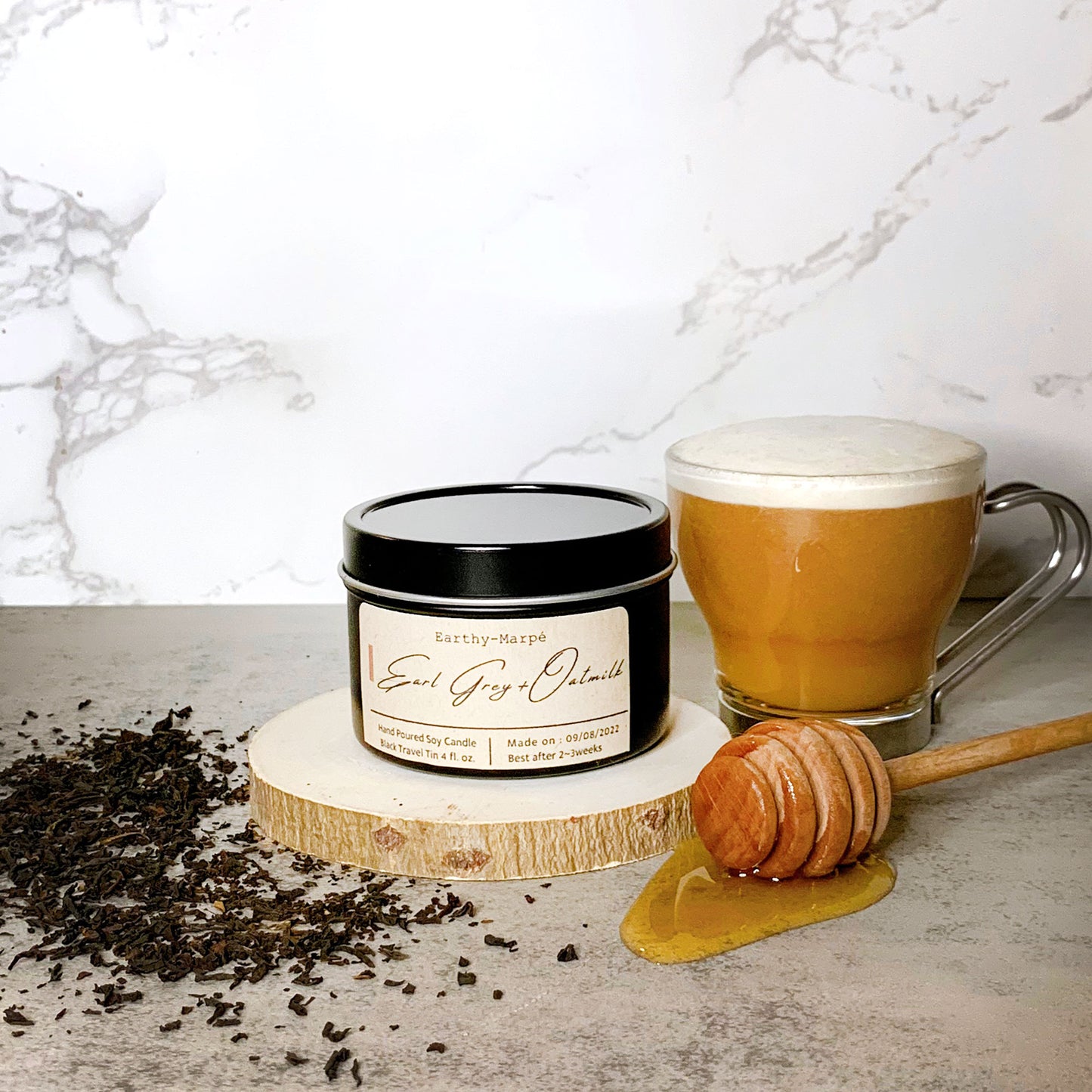 Earl Grey Oatmilk Latte Soy Candle | Crackling Wooden Wick | Black Tin