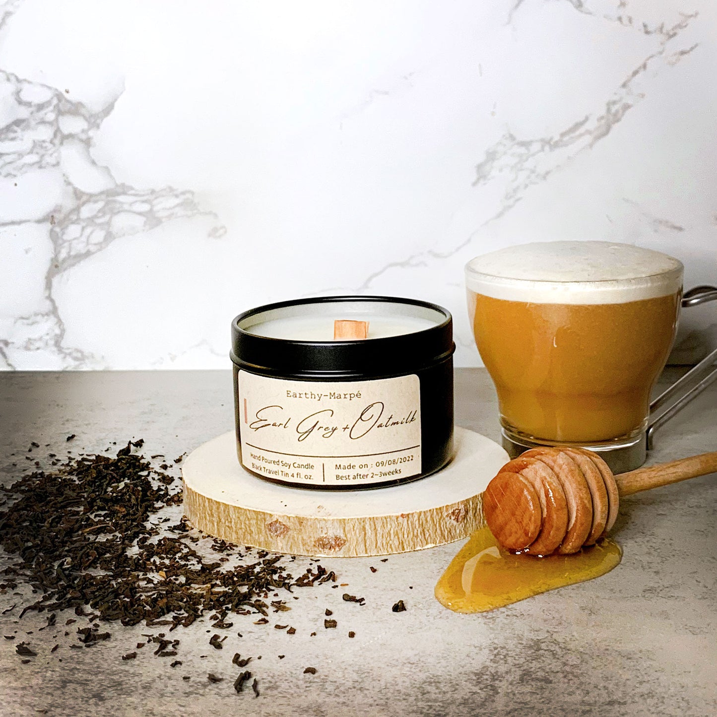 Earl Grey Oatmilk Latte Soy Candle | Crackling Wooden Wick | Black Tin