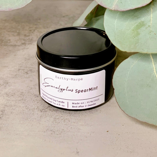 Eucalyptus + Spearmint Soy Candle | Crackling Wooden Wick | Black Tin