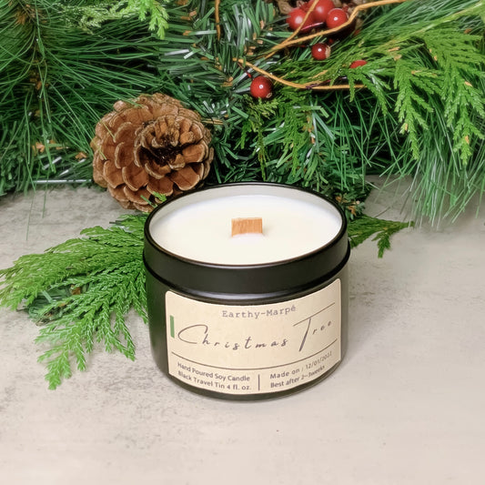 Christmas Tree Soy Candle | Crackling Wooden Wick | Black Tin