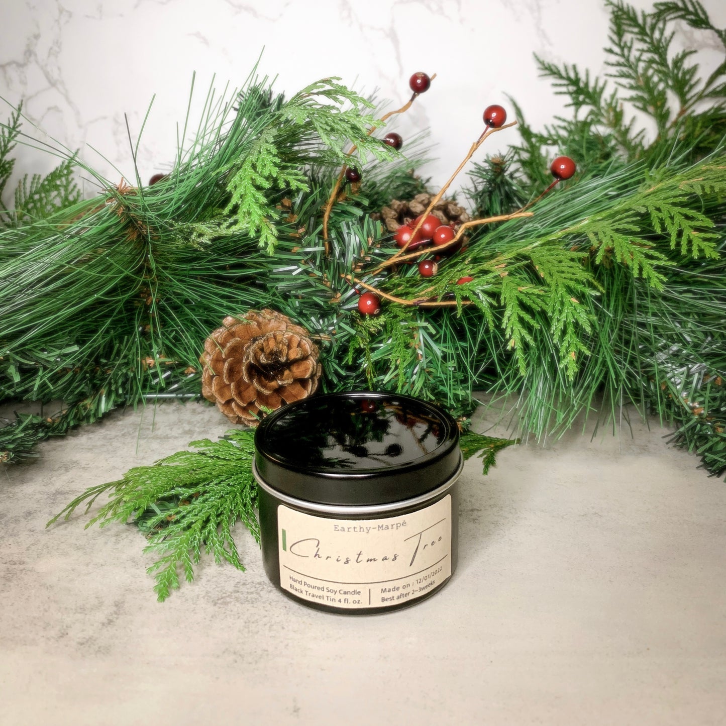 Christmas Tree Soy Candle | Crackling Wooden Wick | Black Tin