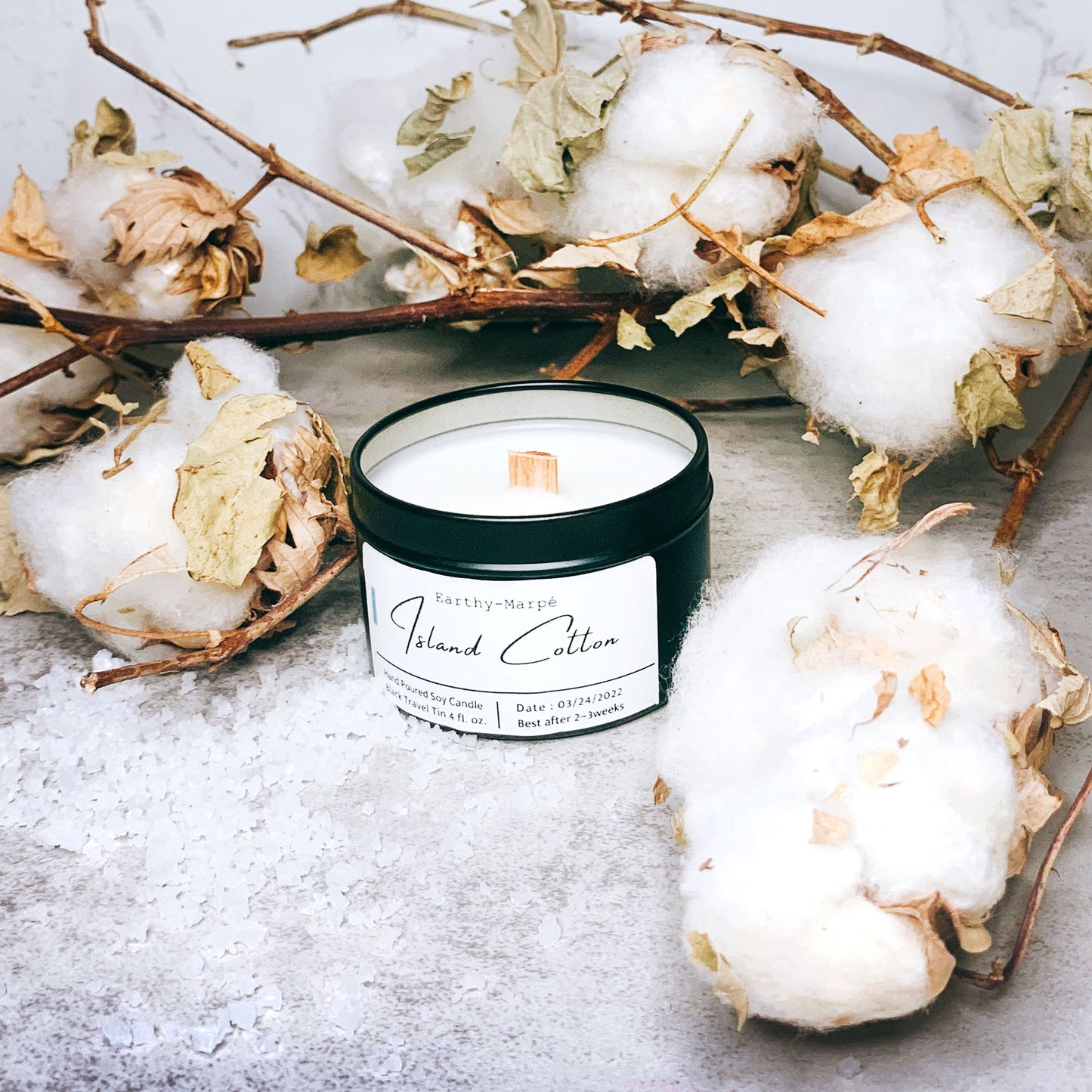 Island Cotton Scented Soy Candle | Crackling Wooden Wick Candle | Black Tin