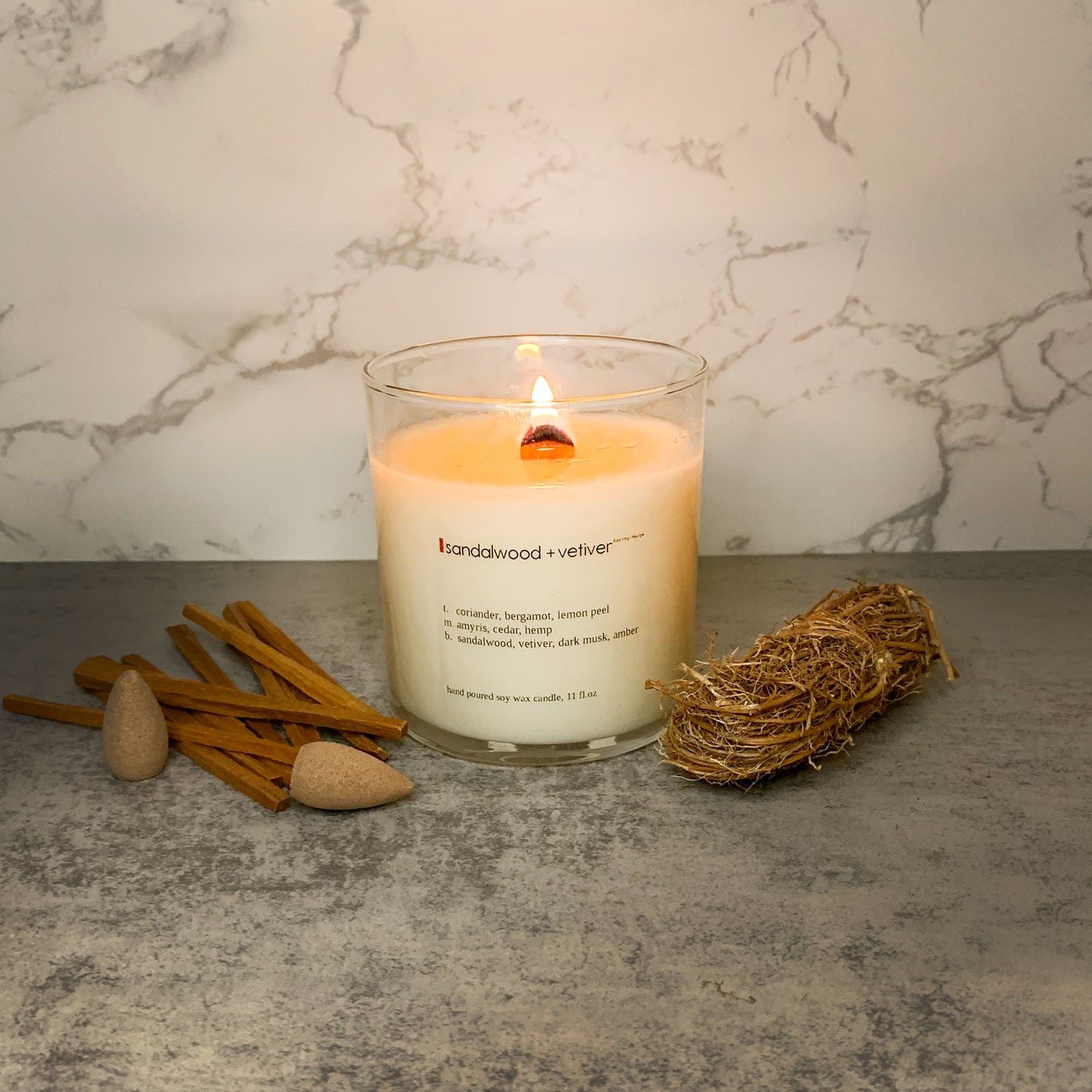 Sandalwood & Vetiver Crackling Wooden Wick Soy Candle | Glass Jar