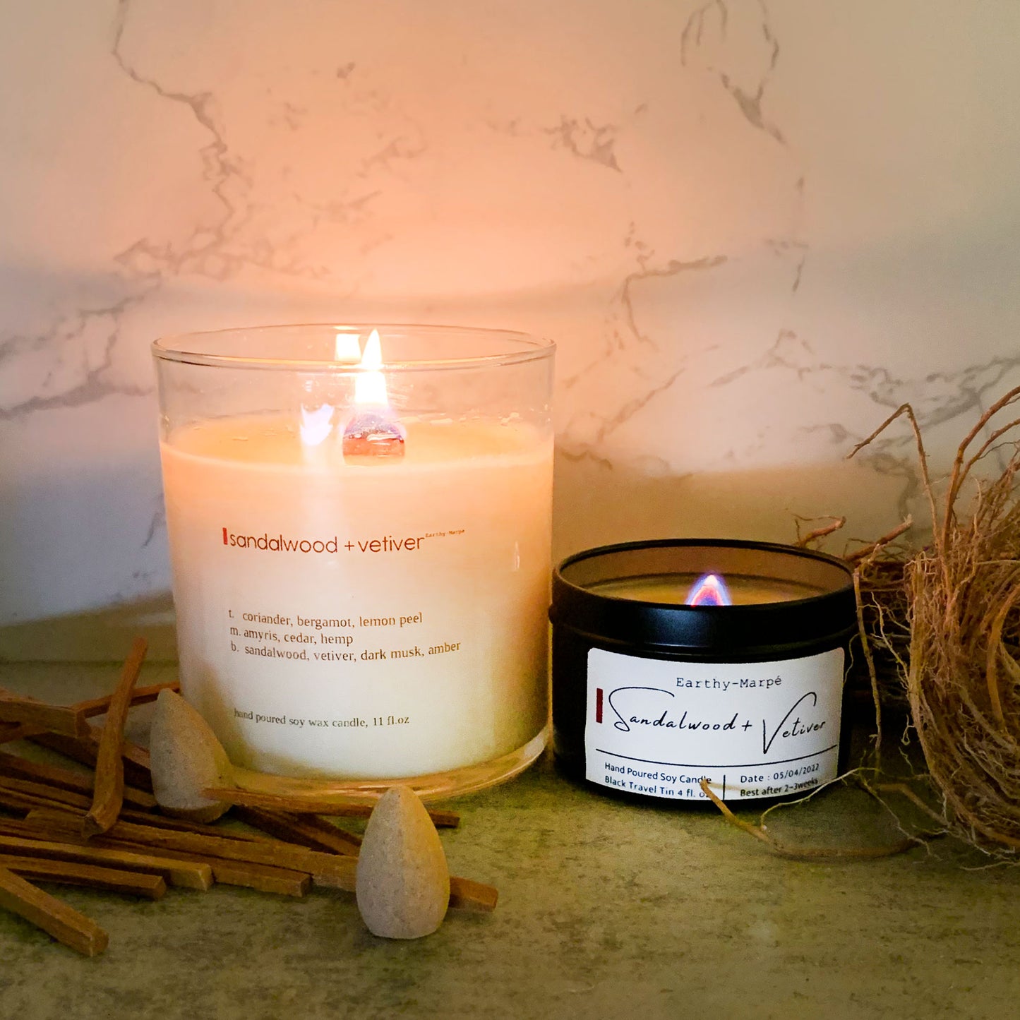 Sandalwood & Vetiver Crackling Wooden Wick Soy Candle | Glass Jar