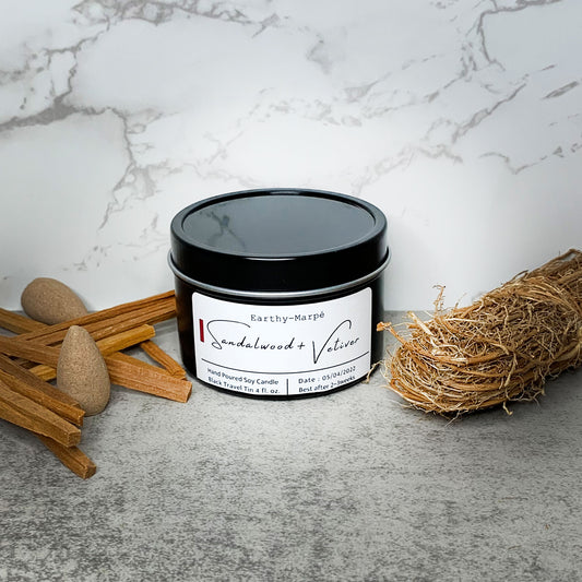 Sandalwood & Vetiver Soy Candle| Crackling Wooden Wick | Black Tin