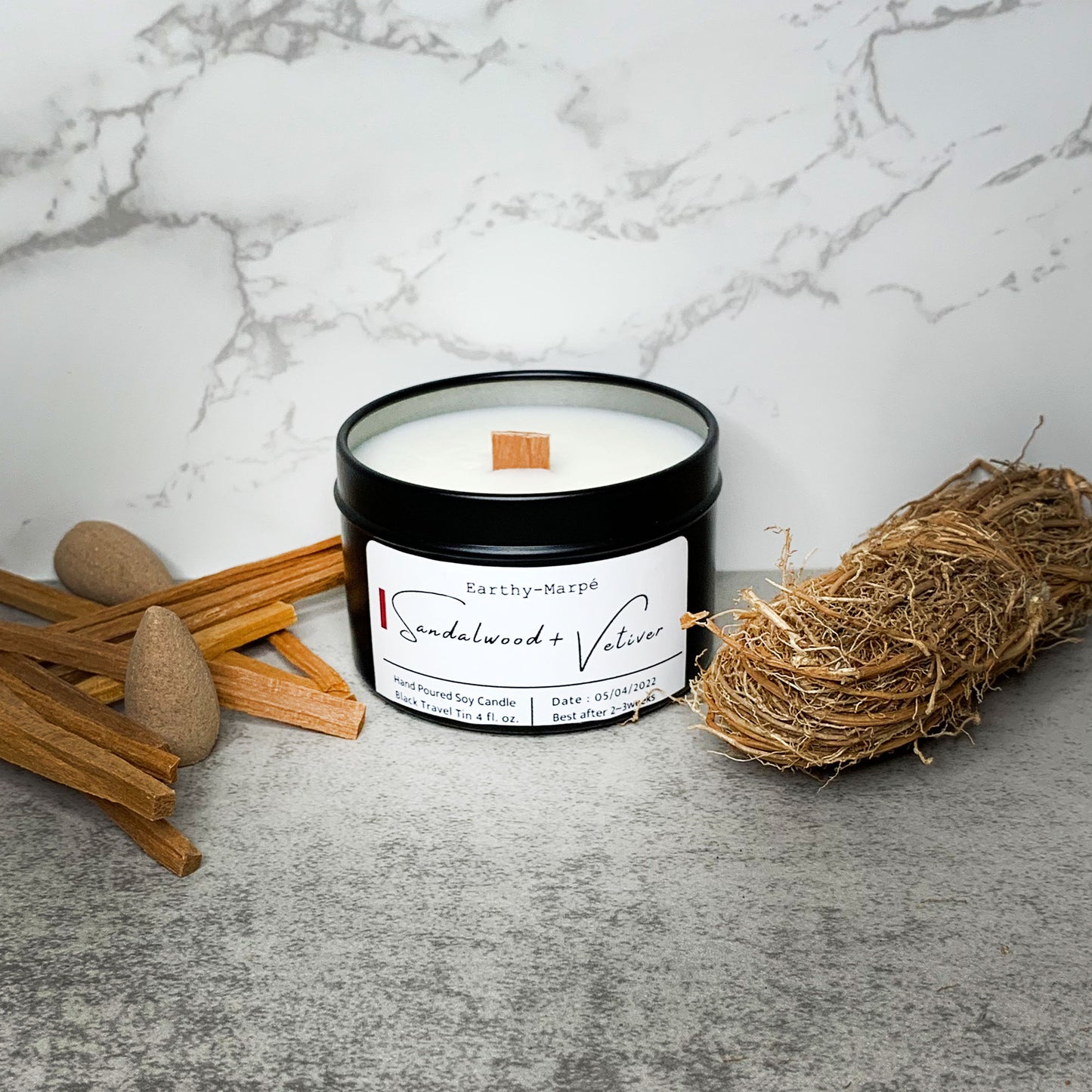 Sandalwood & Vetiver Soy Candle| Crackling Wooden Wick | Black Tin